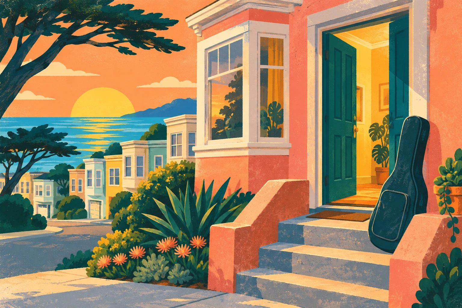 Illustration of a guitar case at a welcoming Sunset District doorway.