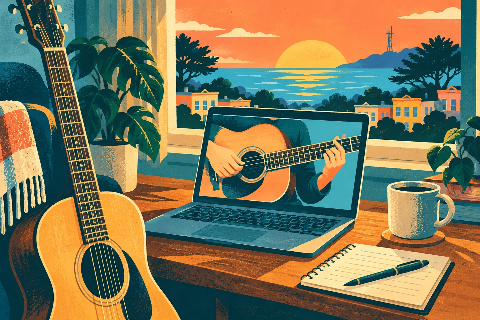 Illustration of a guitar and laptop set up for an online music lesson.