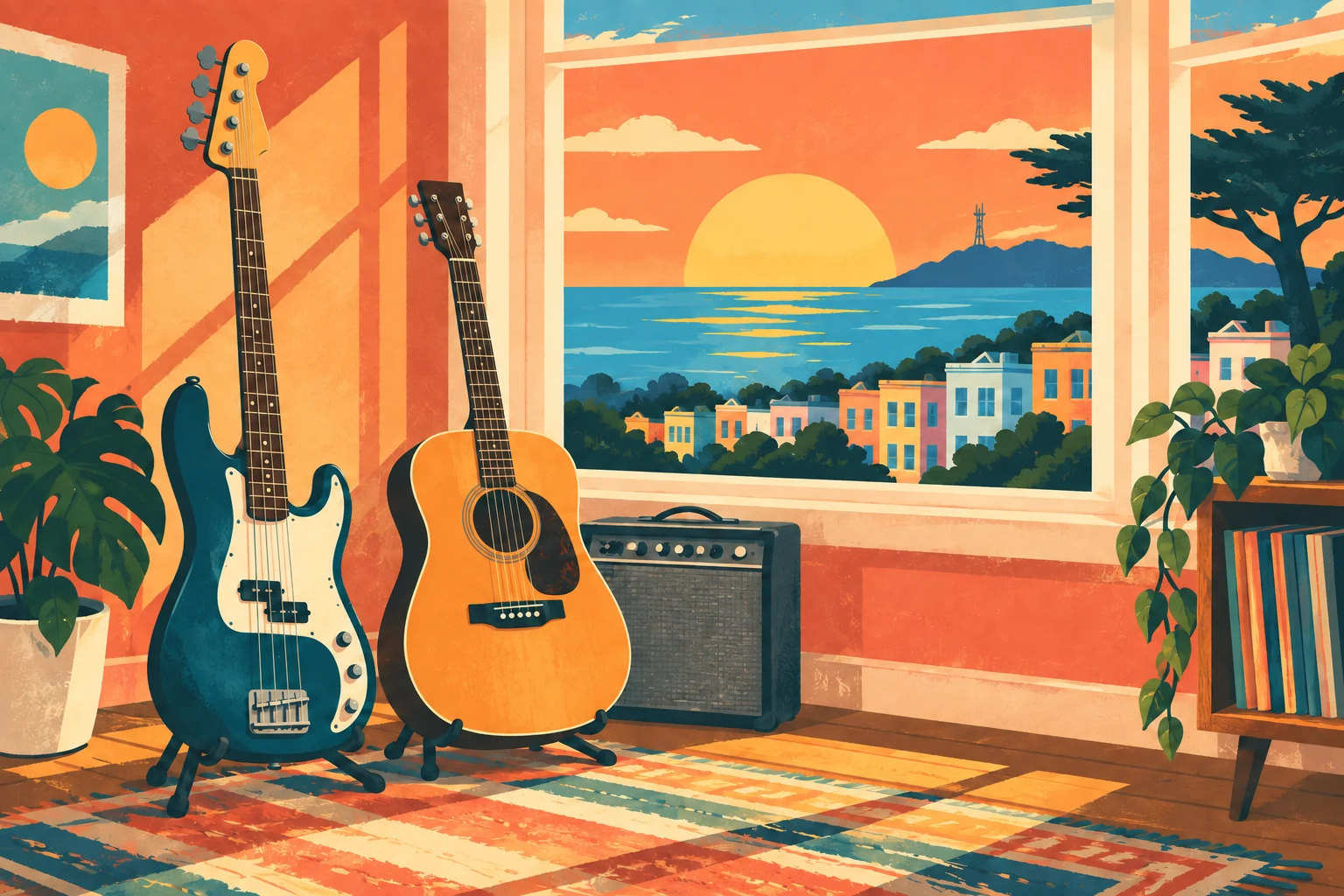Illustration of bass and guitar beside a sunlit window overlooking the Sunset District.
